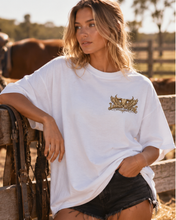 Load image into Gallery viewer, Saints & Outlaws Ranch Womens Oversized Tee — Black back Good People Bad Decisions