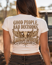 Load image into Gallery viewer, Saints &amp; Outlaws Ranch Womens Oversized Tee — White front left chest
