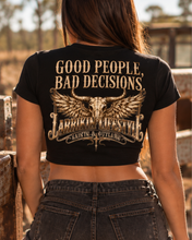 Load image into Gallery viewer, Saints &amp; Outlaws Ranch Womens Oversized Tee — White back Large Skull &amp; Wings
