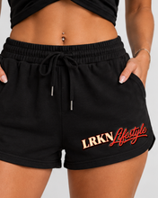 Load image into Gallery viewer, Retro-Bution Women's Shorts Black logo detail
