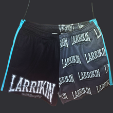 Load image into Gallery viewer, Footy Shorts - Black/Grey &amp; Blue  with Drawstring + Pockets
