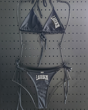 Load image into Gallery viewer, Saloon Script Black Gstring Bikini with Side ties
