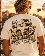 Load image into Gallery viewer, Saints &amp; Outlaws Ranch Standard Tee — Off White back Good People Bad Decisions

