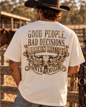 Load image into Gallery viewer, Saints &amp; Outlaws Ranch Oversized Tee — Off White back large skull wings
