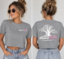Load image into Gallery viewer, Making Tracks Boab Crop Tee - Grey Marle front and back
