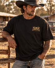 Load image into Gallery viewer, Saints &amp; Outlaws Ranch Oversized Tee — Black front left chest
