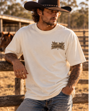 Load image into Gallery viewer, Saints &amp; Outlaws Ranch Oversized Tee — Off White front left chest
