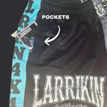 Load image into Gallery viewer, Footy Shorts - Black/Grey &amp; Blue  with Drawstring + Pockets

