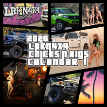 Load image into Gallery viewer, Collage of trucks and women with promotional text for a calendar.
