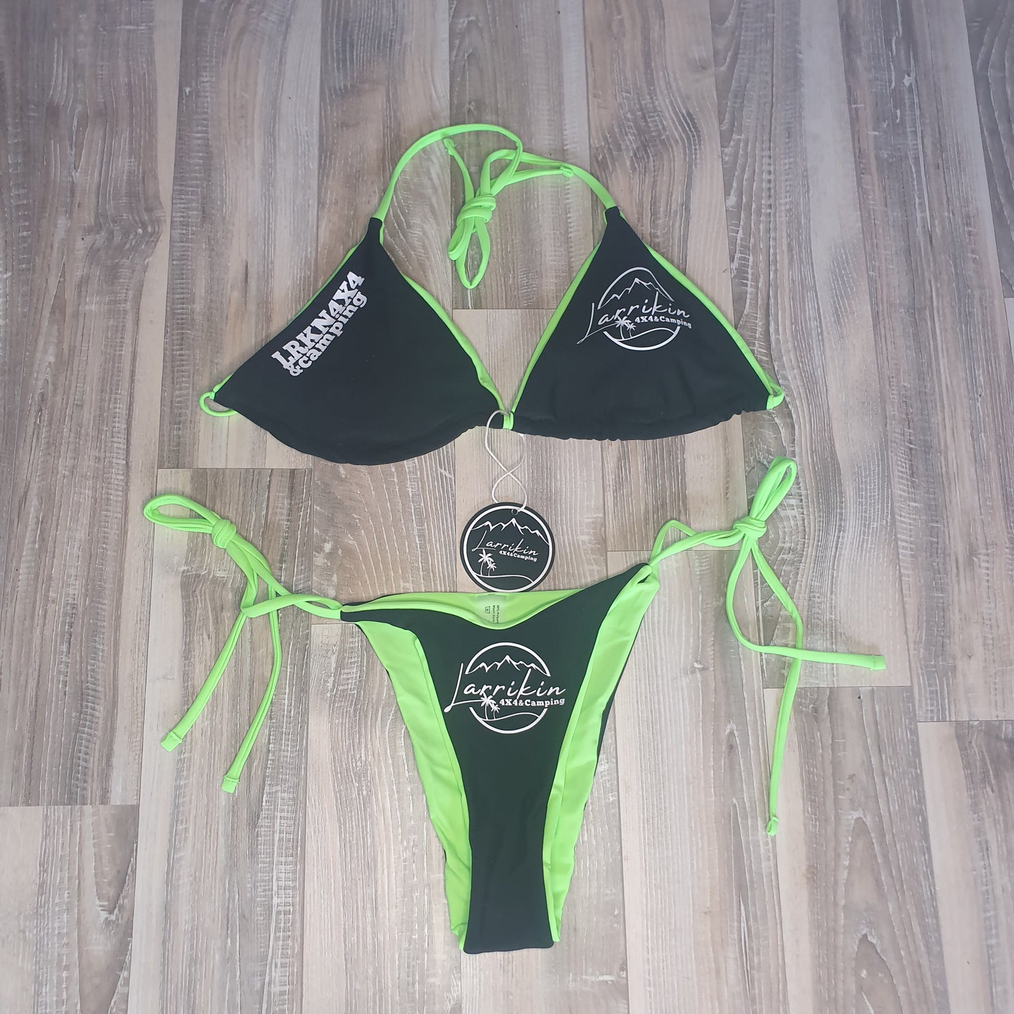 Black brazilian bikini with green neon side ties